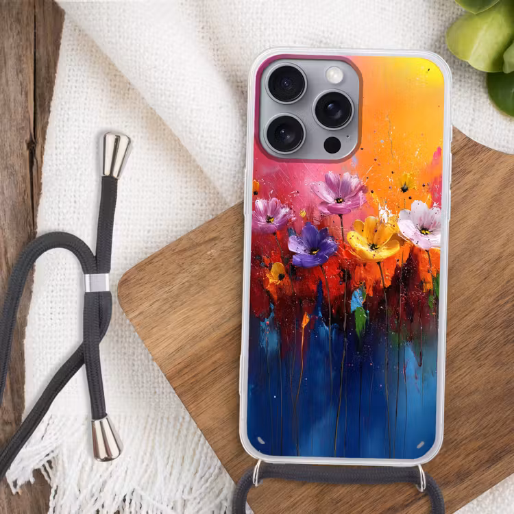 Fantasiebloemen - Verf - Speels Hoesje iPhone 16 Pro Max met koord klein -sfeer4