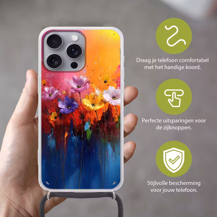 Fantasiebloemen - Verf - Speels Hoesje iPhone 16 Pro Max met koord klein -sfeer2_NL
