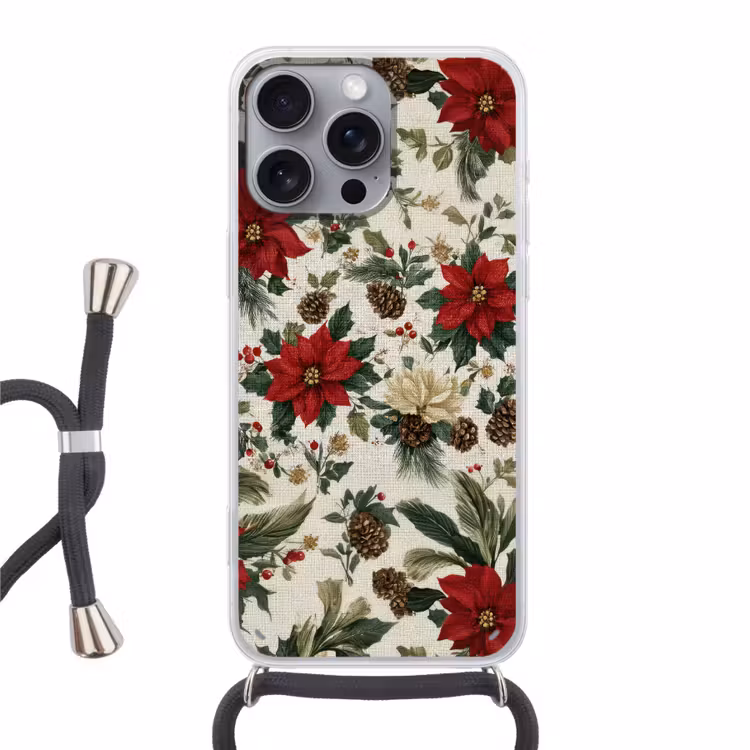 Feestelijk - Textielpatroon - Kerstbloemen - Kleurrijk Hoesje iPhone 16 Pro Max met koord klein -3d