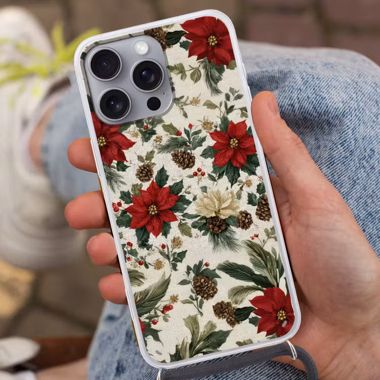Feestelijk - Textielpatroon - Kerstbloemen - Kleurrijk Hoesje iPhone 16 Pro Max met koord klein -sfeer3