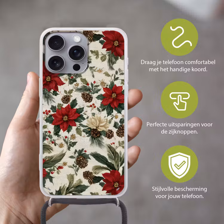 Feestelijk - Textielpatroon - Kerstbloemen - Kleurrijk Hoesje iPhone 16 Pro Max met koord klein -sfeer2_NL
