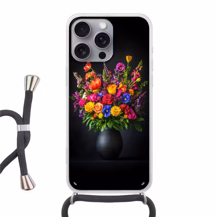 Felgekleurd - Bloemen - Vaas Hoesje iPhone 16 Pro Max met koord klein -3d