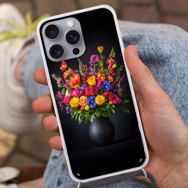Felgekleurd - Bloemen - Vaas Hoesje iPhone 16 Pro Max met koord klein -sfeer3