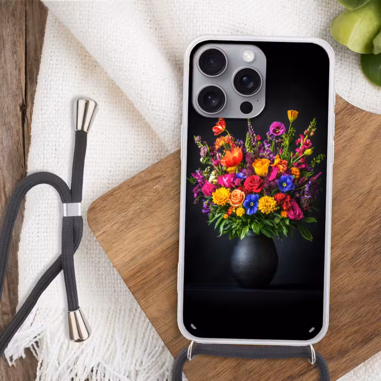 Felgekleurd - Bloemen - Vaas Hoesje iPhone 16 Pro Max met koord klein -sfeer4