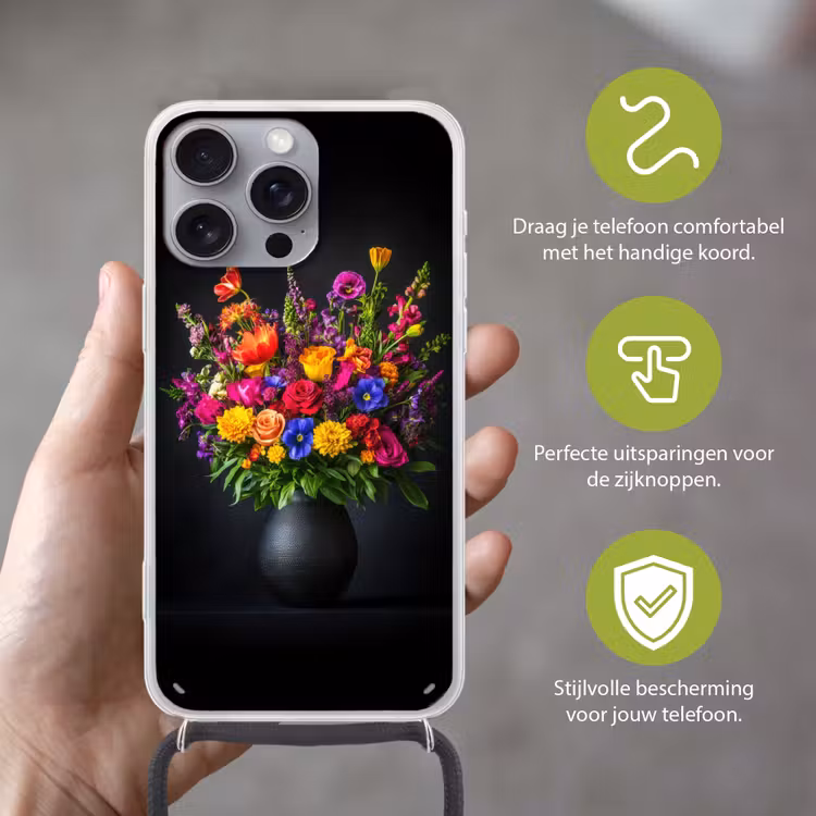 Felgekleurd - Bloemen - Vaas Hoesje iPhone 16 Pro Max met koord klein -sfeer2_NL
