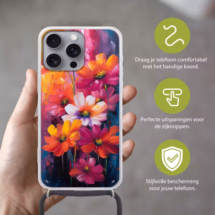 Felle bloemen - Dynamisch - Levendig Hoesje iPhone 16 Pro Max met koord klein -sfeer2_NL
