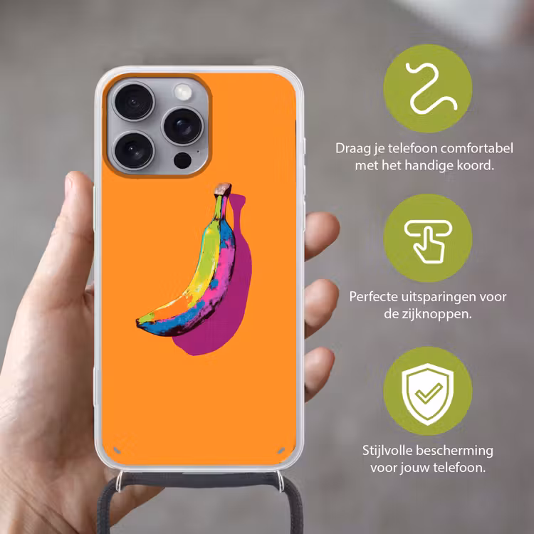 Felle kleuren - Banaan - popart Hoesje iPhone 16 Pro Max met koord klein -sfeer2_NL
