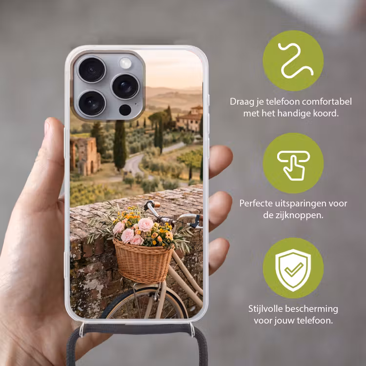 Fiets - Bloemen - Toscane - Landschap - Roze Hoesje iPhone 16 Pro Max met koord klein -sfeer2_NL