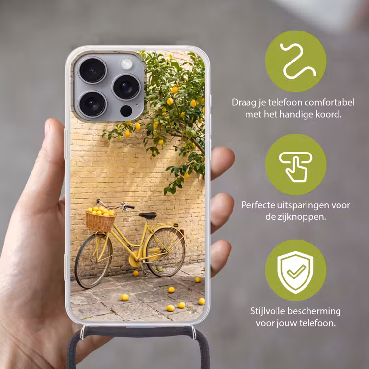 Fiets - Mand - Eten - Geel - Zomer Hoesje iPhone 16 Pro Max met koord klein -sfeer2_NL