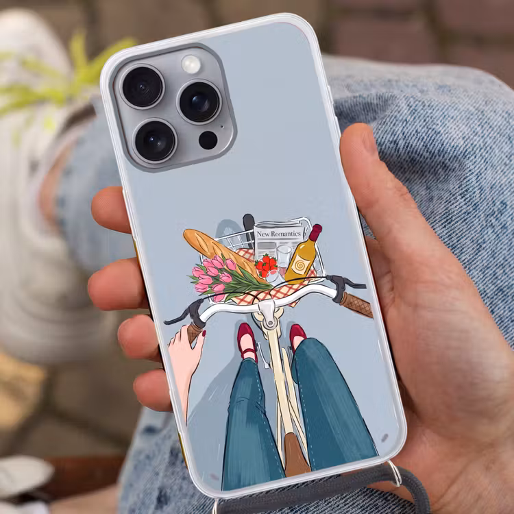 Fiets - Picknick - Zomer - Illustratie Hoesje iPhone 16 Pro Max met koord klein -sfeer3