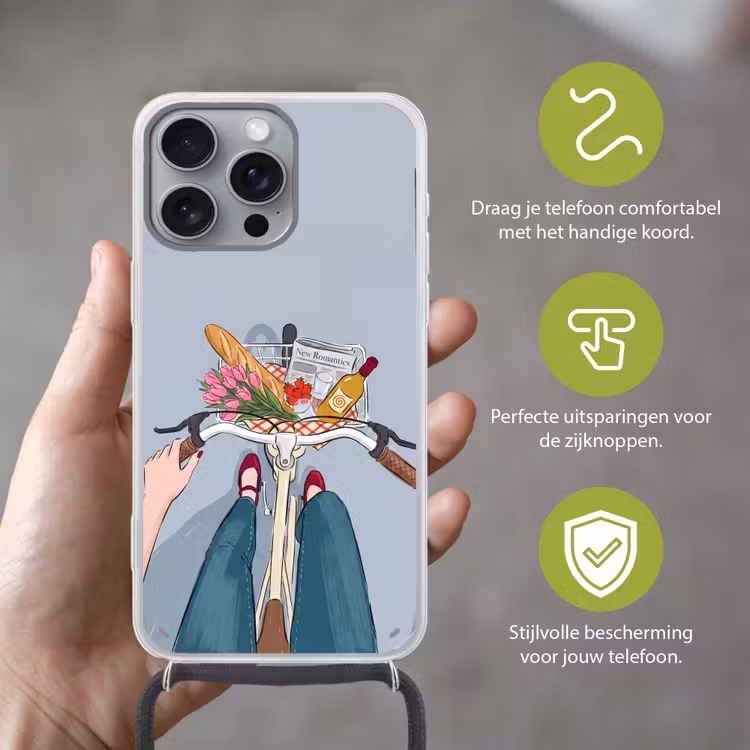 Fiets - Picknick - Zomer - Illustratie Hoesje iPhone 16 Pro Max met koord klein -sfeer2_NL