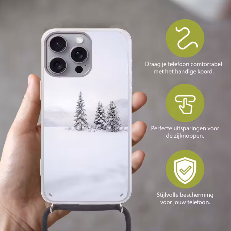 Fijnsparren - Sneeuw - Winter - Landschap - Stilte Hoesje iPhone 16 Pro Max met koord klein -sfeer2_NL