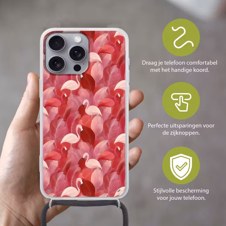 Flamingo - Botanisch - Elegant - Roze - Rood Hoesje iPhone 16 Pro Max met koord klein 804 -sfeer2_NL