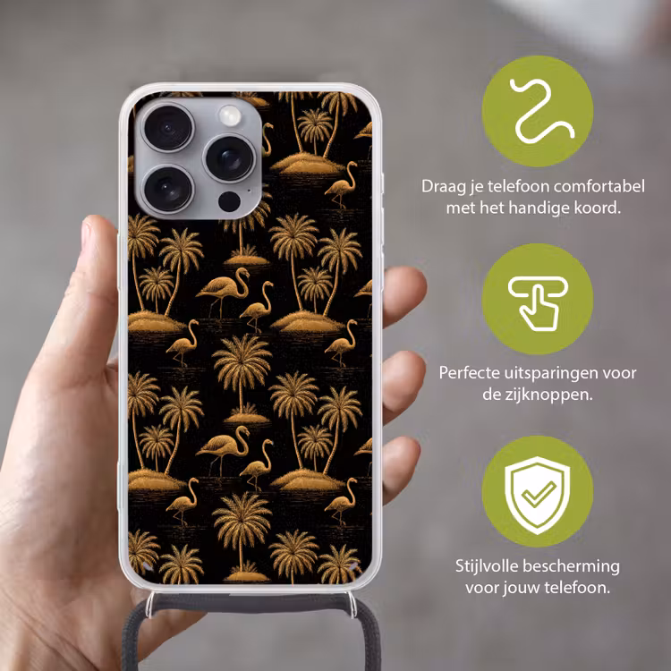 Flamingo - Palmbomen - Tropisch - Goud - Zwart Hoesje iPhone 16 Pro Max met koord klein 804 -sfeer2_NL