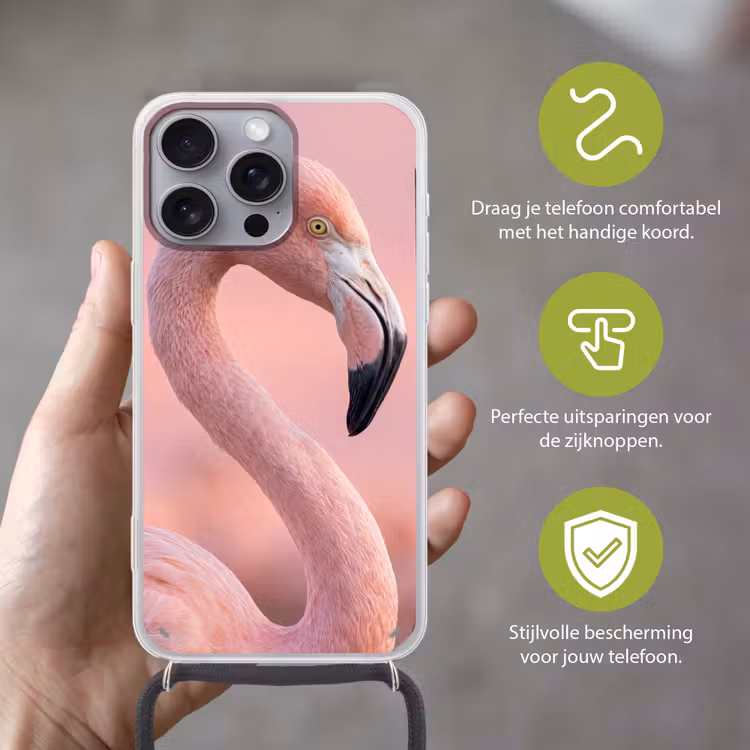 Flamingo - Portret - Roze Hoesje iPhone 16 Pro Max met koord klein -sfeer2_NL