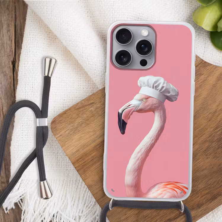 Flamingo - Roze - Koksmuts - Vogel Hoesje iPhone 16 Pro Max met koord klein -sfeer4