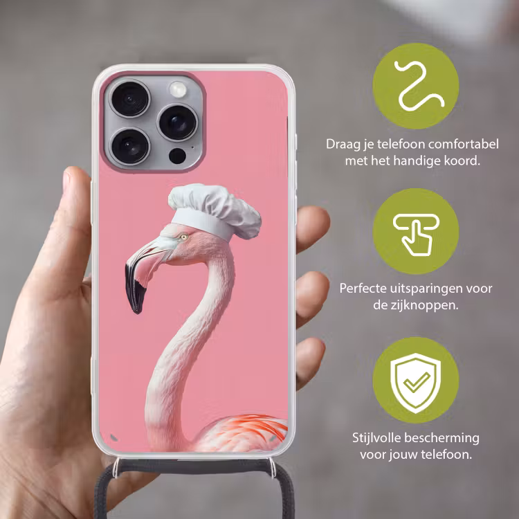 Flamingo - Roze - Koksmuts - Vogel Hoesje iPhone 16 Pro Max met koord klein -sfeer2_NL
