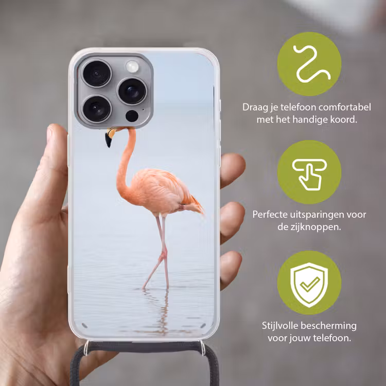 Flamingo - Zee - Roze Hoesje iPhone 16 Pro Max met koord klein -sfeer2_NL