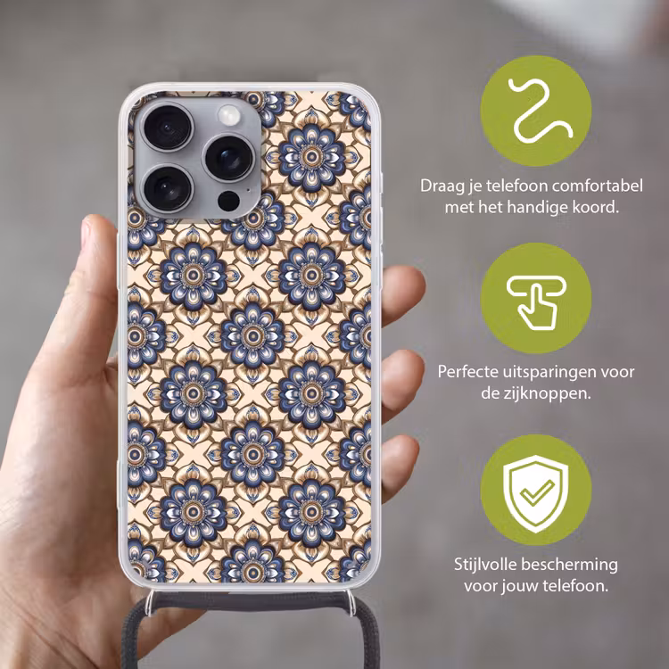 Floraal - Ornament - Blauw Hoesje iPhone 16 Pro Max met koord klein 804 -sfeer2_NL