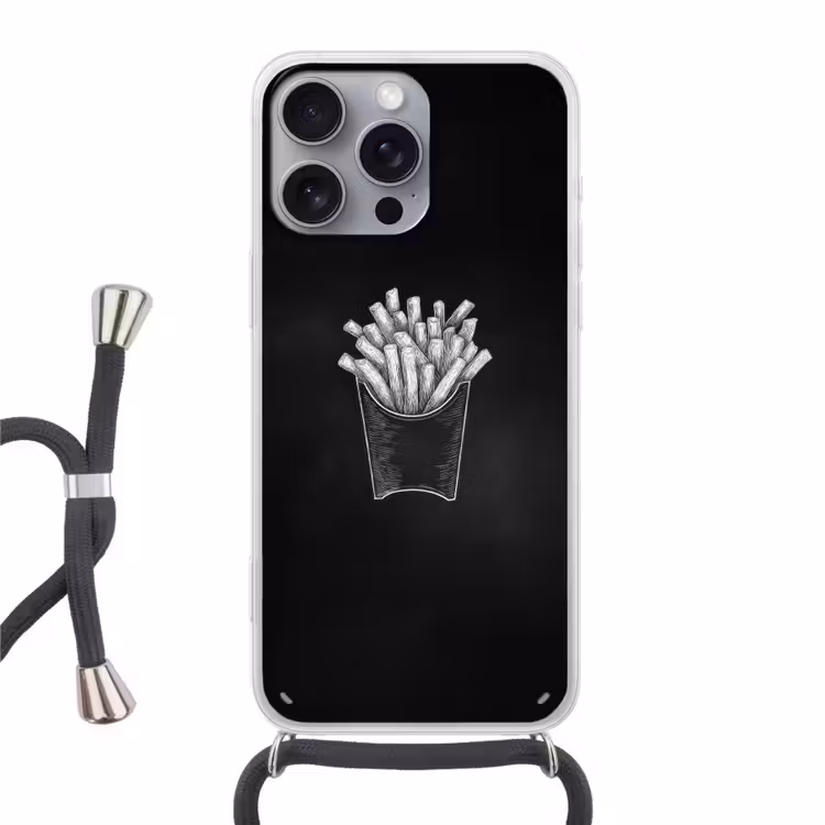Friet - Witte krijttekening - Zwart Hoesje iPhone 16 Pro Max met koord klein -3d