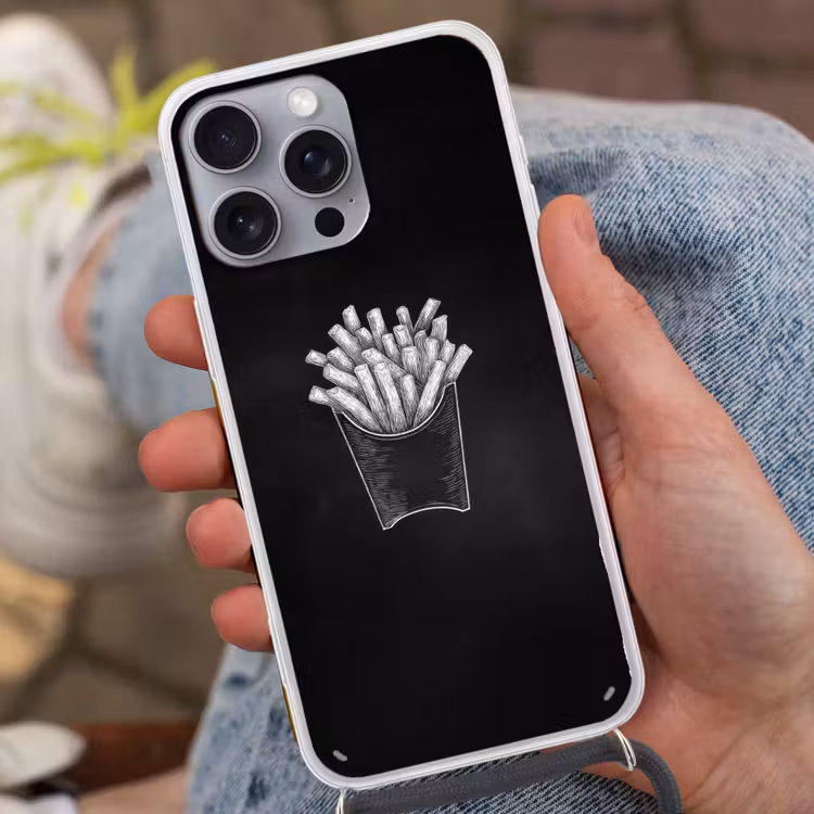 Friet - Witte krijttekening - Zwart Hoesje iPhone 16 Pro Max met koord klein -sfeer3