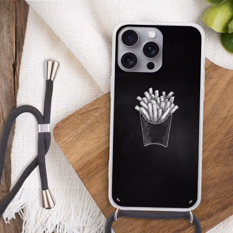 Friet - Witte krijttekening - Zwart Hoesje iPhone 16 Pro Max met koord klein -sfeer4