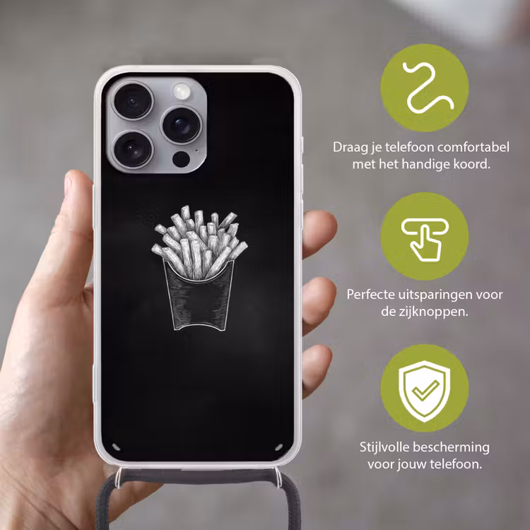 Friet - Witte krijttekening - Zwart Hoesje iPhone 16 Pro Max met koord klein -sfeer2_NL