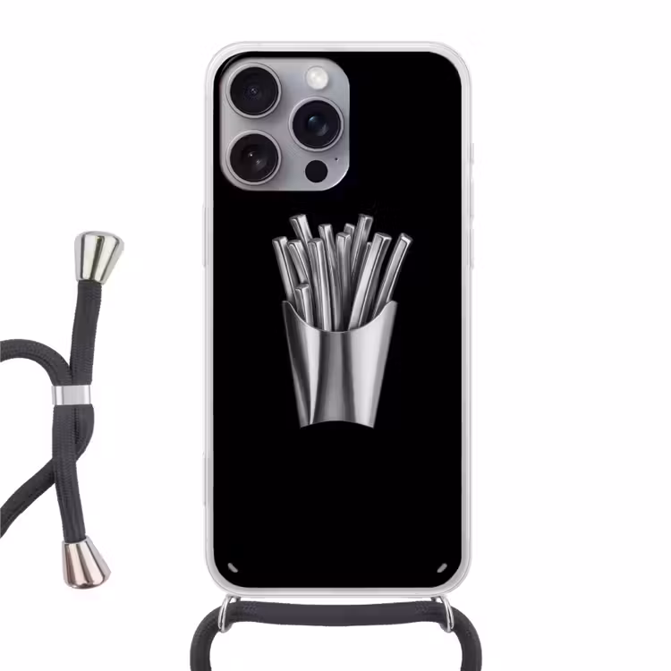 Frietjes - Futuristisch - Zilver Hoesje iPhone 16 Pro Max met koord klein -3d