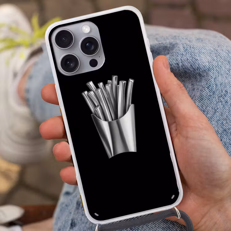 Frietjes - Futuristisch - Zilver Hoesje iPhone 16 Pro Max met koord klein -sfeer3