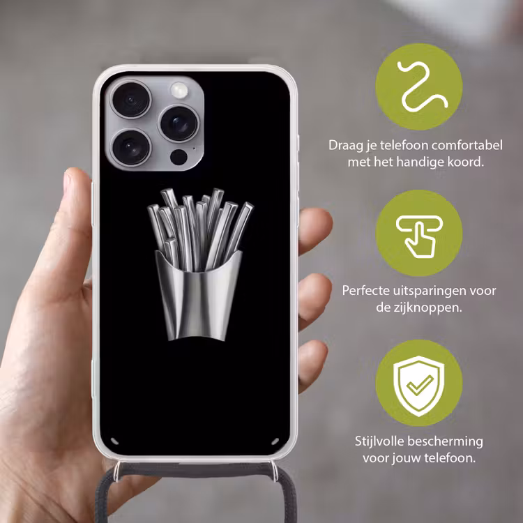 Frietjes - Futuristisch - Zilver Hoesje iPhone 16 Pro Max met koord klein -sfeer2_NL