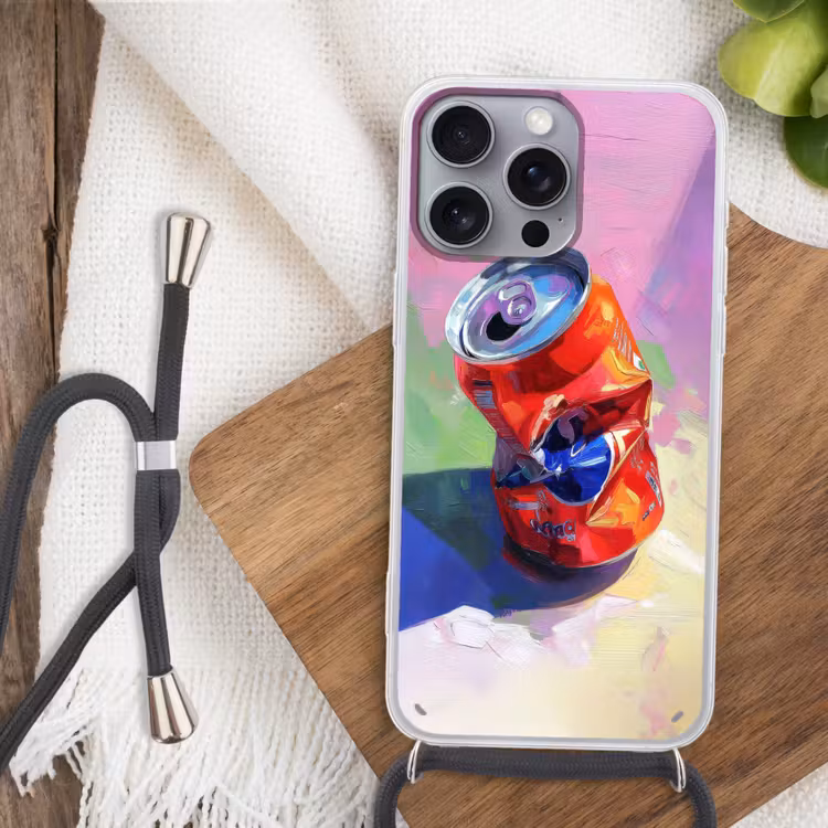 Frisdrank - Blik - Paars Hoesje iPhone 16 Pro Max met koord klein -sfeer4