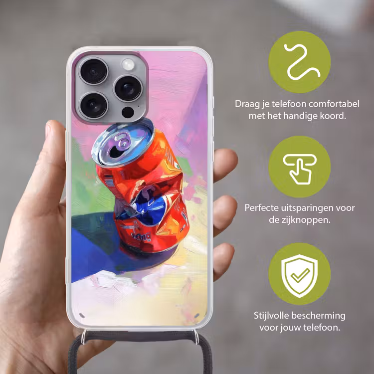 Frisdrank - Blik - Paars Hoesje iPhone 16 Pro Max met koord klein -sfeer2_NL