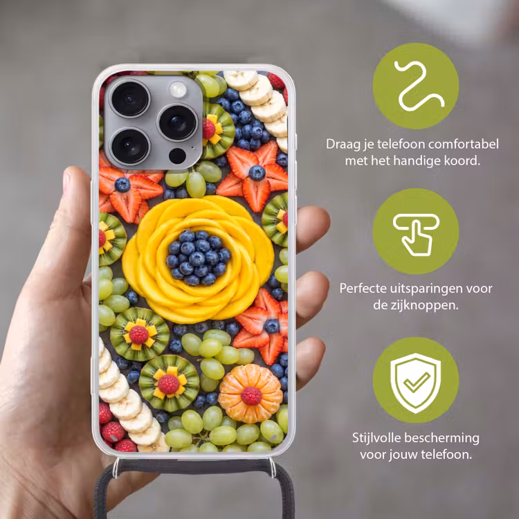 Fruit - Arrangement - Gezond - Kleurrijk - Eten Hoesje iPhone 16 Pro Max met koord klein -sfeer2_NL