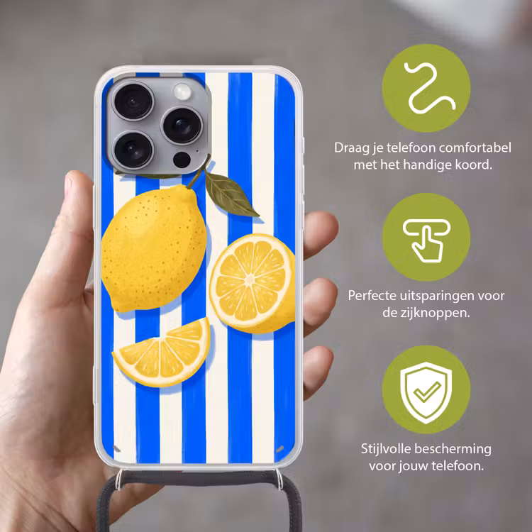 Fruit - Citroen - Zomer - Geel - Blauw Hoesje iPhone 16 Pro Max met koord klein -sfeer2_NL