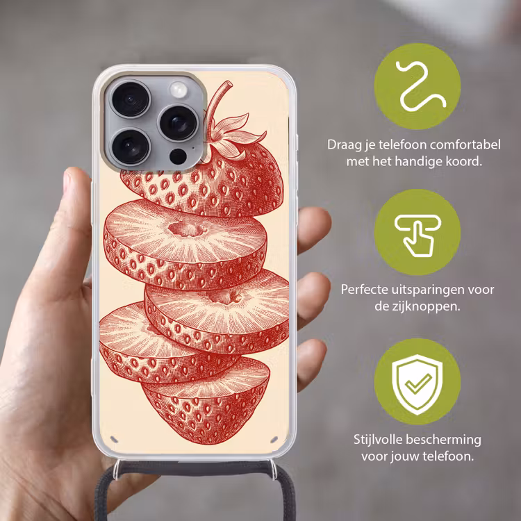 Fruit - Gesneden - Illustratie - Rood - Vintage Hoesje iPhone 16 Pro Max met koord klein -sfeer2_NL