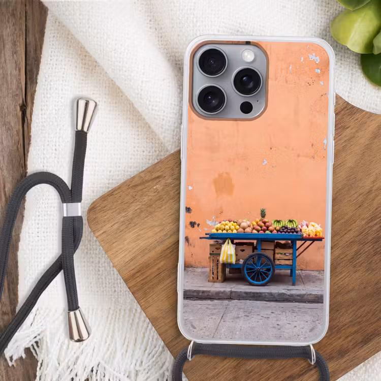 Telefoonhoesje met koord - Fruit - Kar - Straat - Fruit - Kar - Straat Hoesje iPhone 16 Pro Max met koord klein