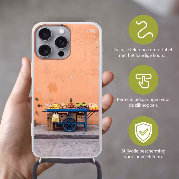 Telefoonhoesje met koord - Fruit - Kar - Straat - Fruit - Kar - Straat Hoesje iPhone 16 Pro Max met koord klein