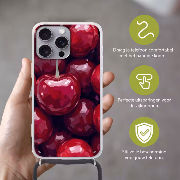 Fruit - Kersen - Eten - Modern - Rood Hoesje iPhone 16 Pro Max met koord klein -sfeer2_NL