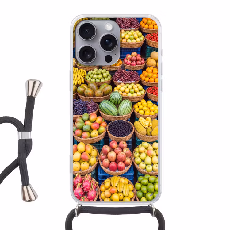 Telefoonhoesje met koord - Fruit - Markt - Kleurrijk - Fruit - Markt - Kleurrijk Hoesje iPhone 16 Pro Max met koord klein