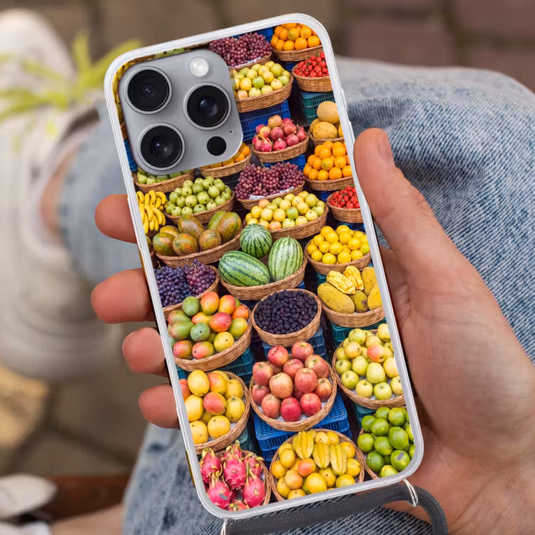 Telefoonhoesje met koord - Fruit - Markt - Kleurrijk - Fruit - Markt - Kleurrijk Hoesje iPhone 16 Pro Max met koord klein