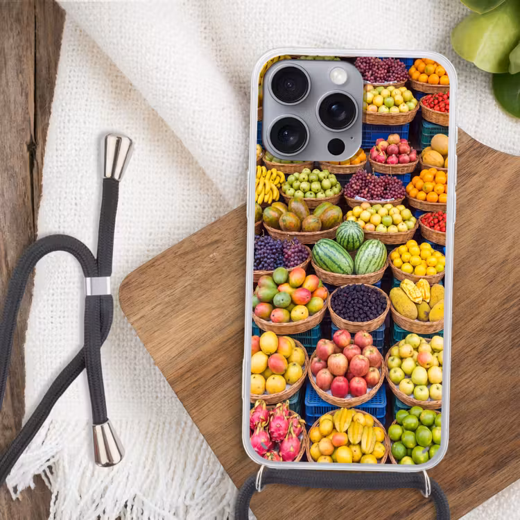 Telefoonhoesje met koord - Fruit - Markt - Kleurrijk - Fruit - Markt - Kleurrijk Hoesje iPhone 16 Pro Max met koord klein