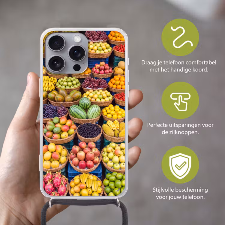 Telefoonhoesje met koord - Fruit - Markt - Kleurrijk - Fruit - Markt - Kleurrijk Hoesje iPhone 16 Pro Max met koord klein