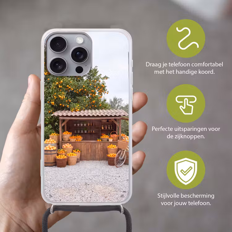 Telefoonhoesje met koord - Fruit - Markt - Landelijk - Fruit - Markt - Landelijk Hoesje iPhone 16 Pro Max met koord klein