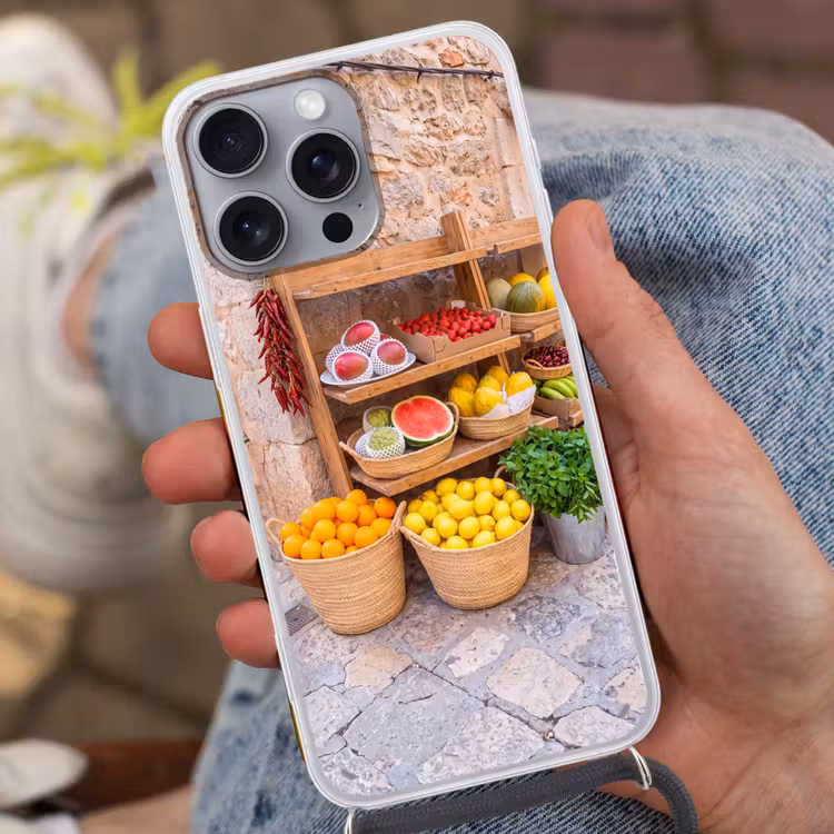 Telefoonhoesje met koord - Fruit - Markt - Vers - Fruit - Markt - Vers Hoesje iPhone 16 Pro Max met koord klein