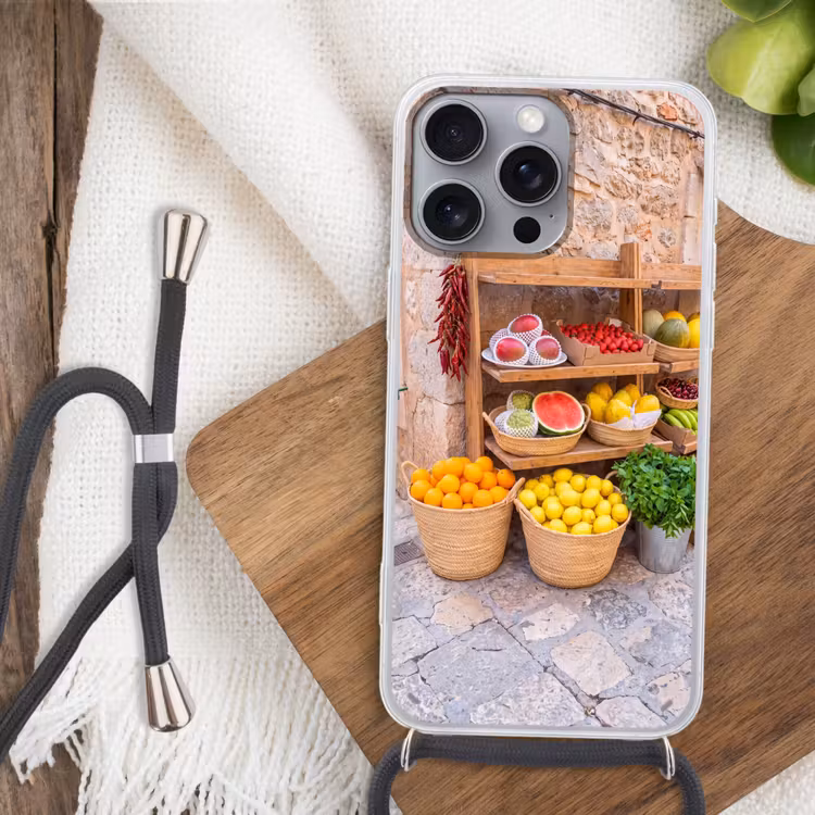 Telefoonhoesje met koord - Fruit - Markt - Vers - Fruit - Markt - Vers Hoesje iPhone 16 Pro Max met koord klein