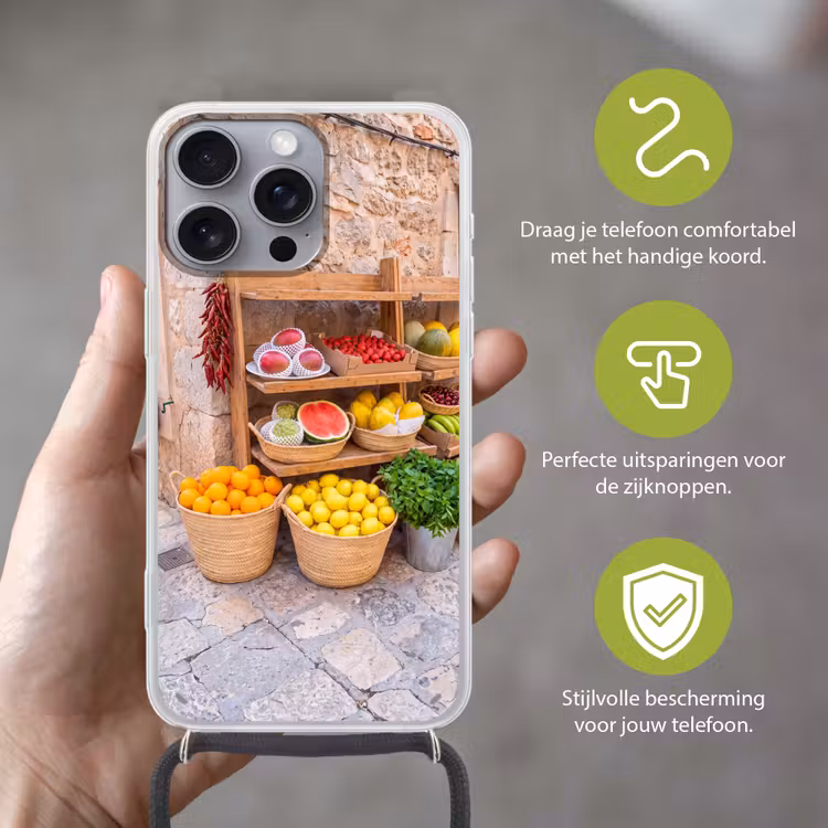 Telefoonhoesje met koord - Fruit - Markt - Vers - Fruit - Markt - Vers Hoesje iPhone 16 Pro Max met koord klein