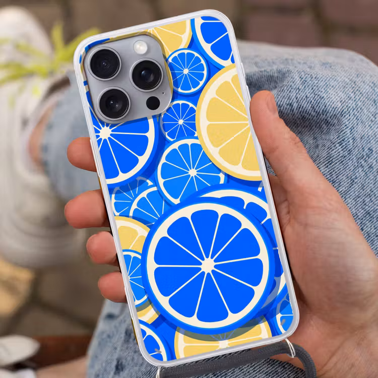 Fruit - Schijven - Patroon - Modern - Blauw - Geel Hoesje iPhone 16 Pro Max met koord klein -sfeer3