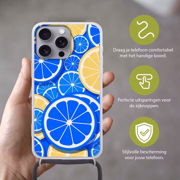 Fruit - Schijven - Patroon - Modern - Blauw - Geel Hoesje iPhone 16 Pro Max met koord klein -sfeer2_NL