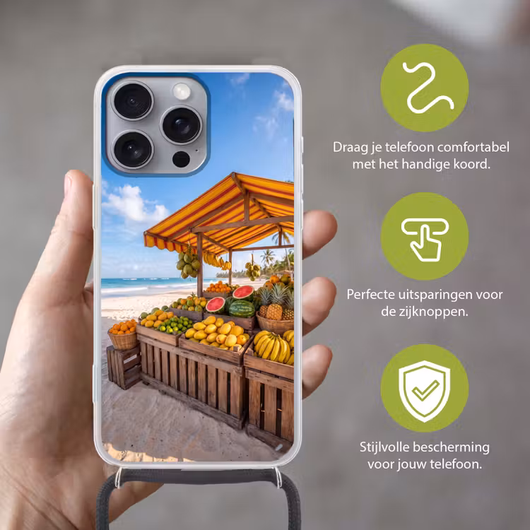 Telefoonhoesje met koord - Fruit - Strand - Tropisch - Fruit - Strand - Tropisch Hoesje iPhone 16 Pro Max met koord klein