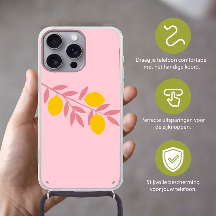 Fruit - Tak - Natuur - Abstract - Roze Hoesje iPhone 16 Pro Max met koord klein -sfeer2_NL